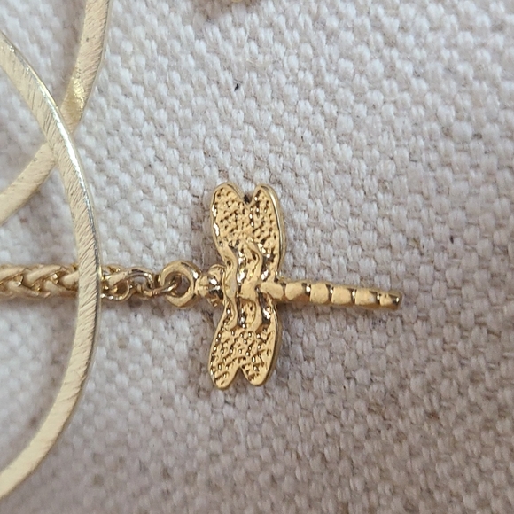 Made Community Golden Colored Hoop Earings with Dragonfly Dangle - Picture 2 of 4